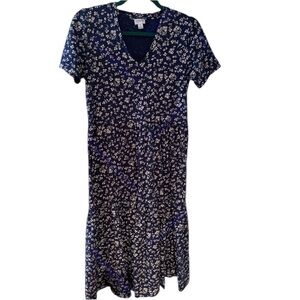 J. CREW size Small 4-6 Navy blue White Floral short sleeve vneck maxi boho dress
